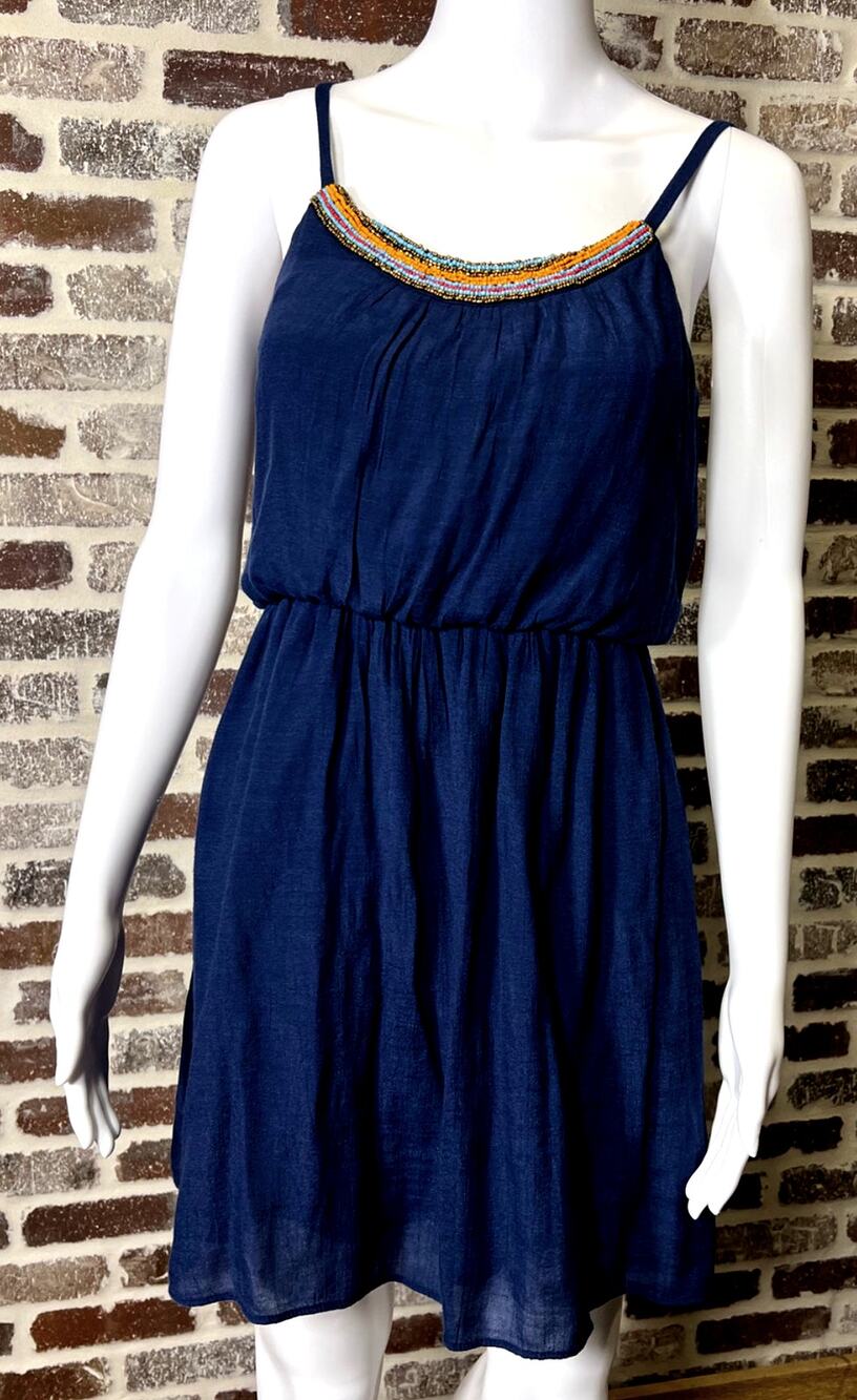 IZ Byer Blouson Lined Vibrant Beading Navy Elastic Waist Mini Dress Women's XS